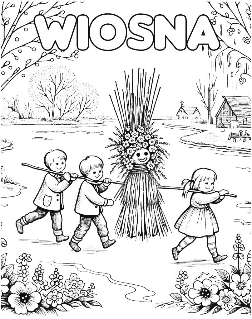 Kolorowanka dzieci wychodzą przywitać wiosnę